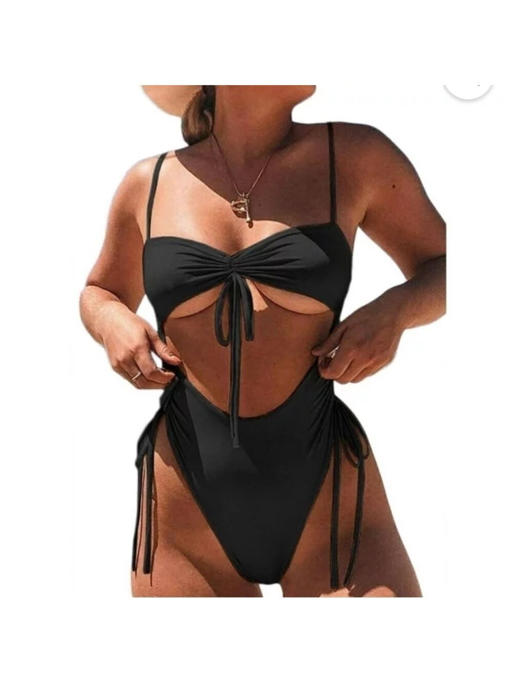 WOMEN'S BLACK ONE PIECE PADDED PUSH UP HIGH WAISTED SWIMM SUIT